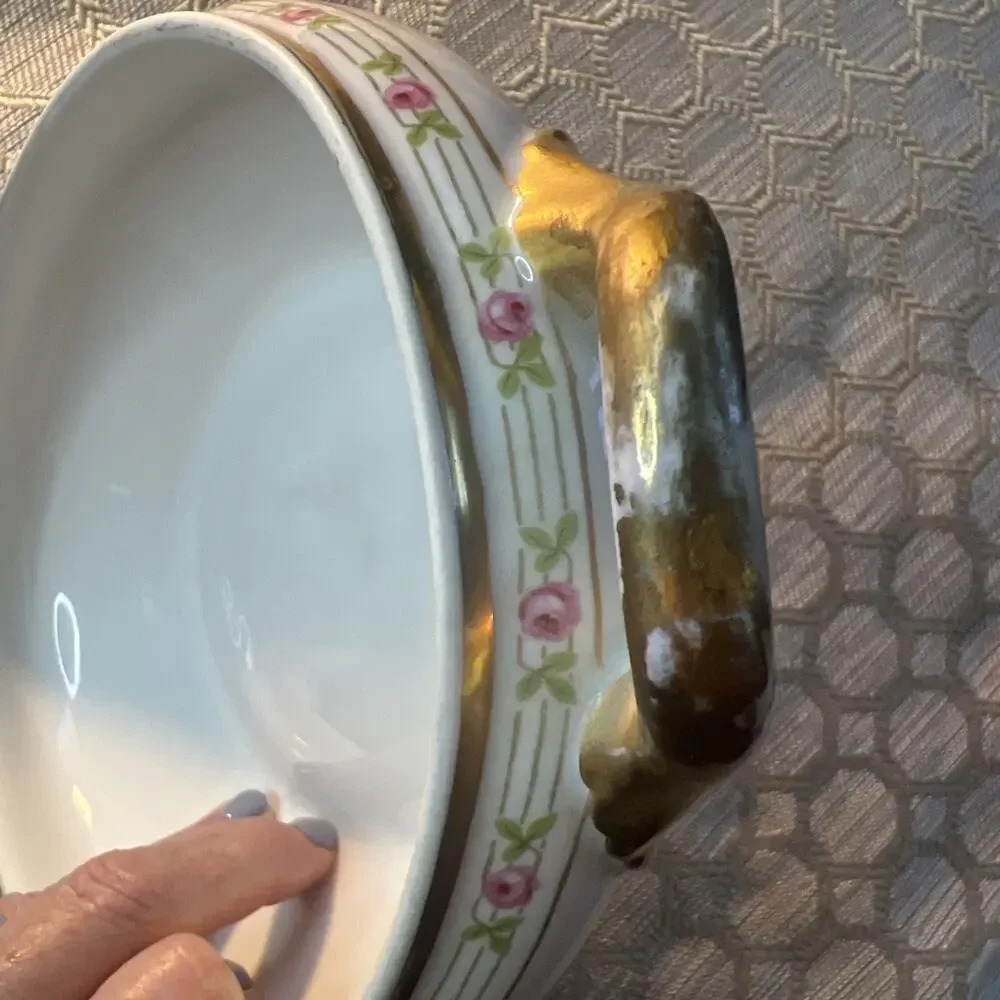 Antique M. Redon Limoges RDN10 Veggie Serving Dish 11” Gold Double Handle Rose